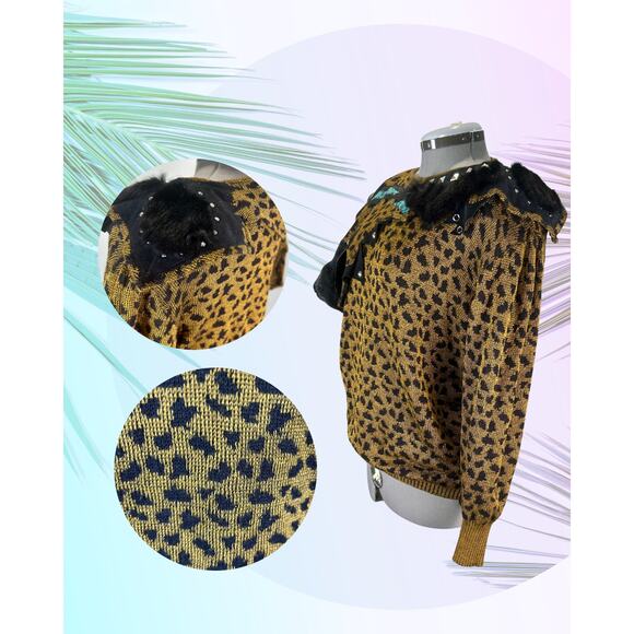 Vintage 80s Graced by Starr Faux Fur Studded Suede Leopard Print Sweater Size S - Picture 4 of 4